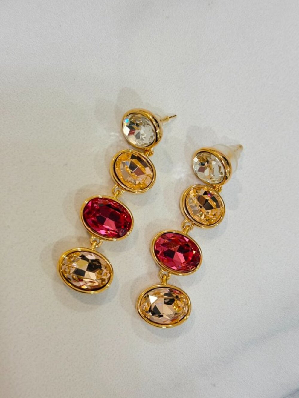 Gold Drop Earrings w/ Champagne Magenta Stones Elegant Jewelry